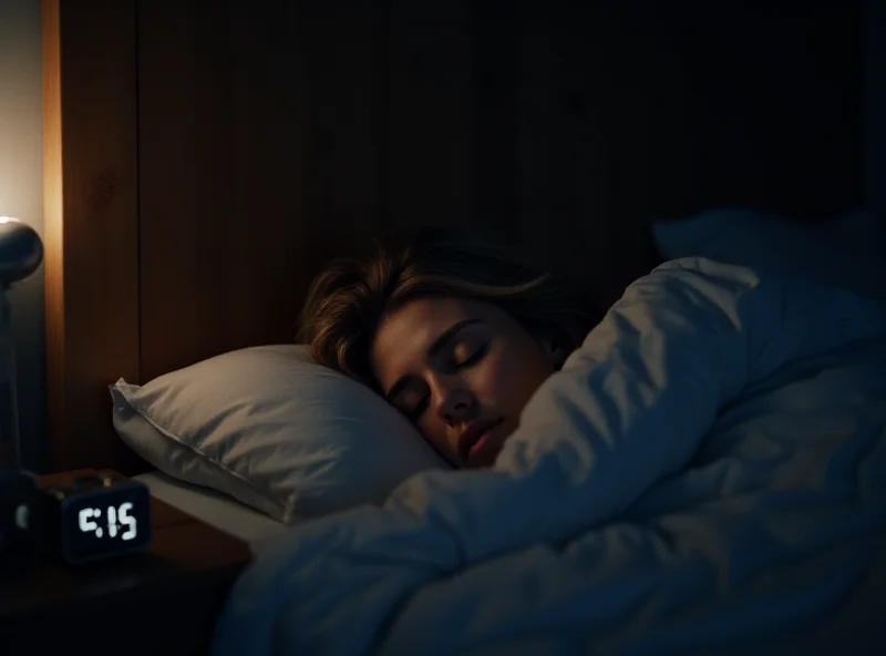 A person lying in bed, eyes closed, seemingly asleep. The room is dark and cozy, with soft lighting. A digital alarm clock on the nightstand displays 7:00 AM.