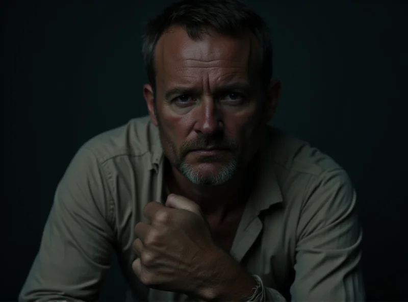 A gaunt-looking man sits in a dimly lit room, his hands bound, looking directly at the camera with a plea in his eyes.