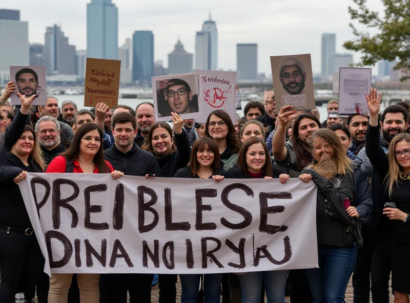 A diverse group of people holding signs and banners at a rally, demanding the release of hostages. The signs feature photos of the hostages and slogans calling for peace and justice.
