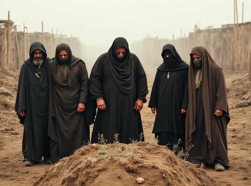 Mourning family members stand around a freshly dug grave in a refugee camp, expressing grief and sorrow.