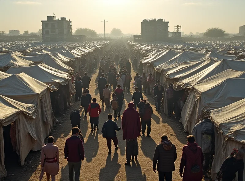 A crowded refugee camp scene. Tents are pitched closely together, and people are moving about with worried expressions. The background shows destroyed buildings and rubble.