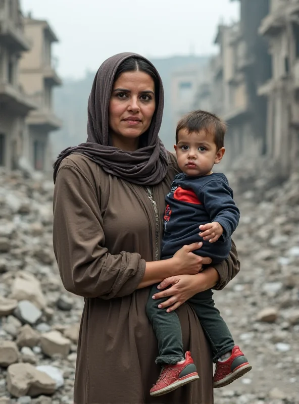 A young Palestinian woman stands amidst rubble, holding a small child. She looks directly at the camera with a mixture of sadness and defiance in her eyes. The background is blurred, showing more destroyed buildings.