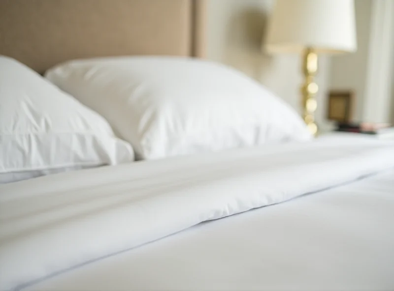 Close-up of soft, new sheet set with a cozy bedroom in the background.