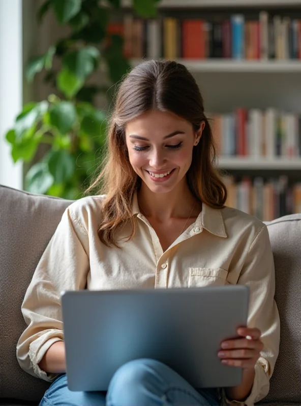 A person smiling and looking relaxed while using a laptop, symbolizing easy budgeting.
