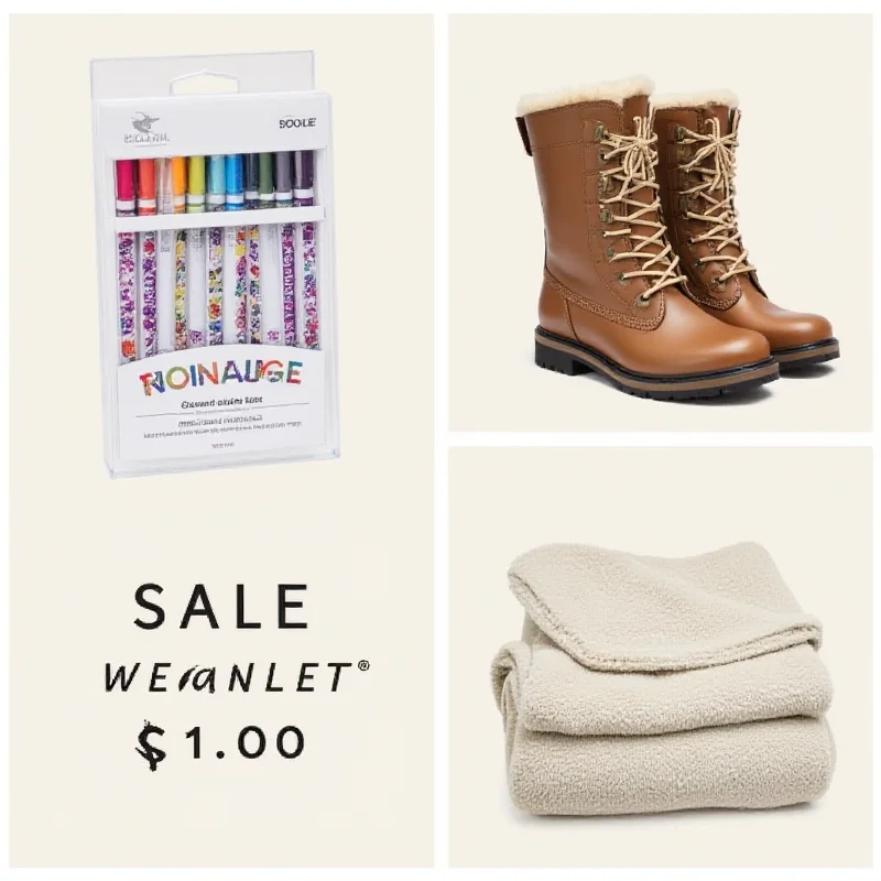 Collage of various items on sale: markers, boots, and a weighted blanket.