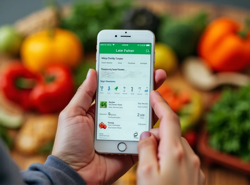 Image of Weight Watchers app on a phone with healthy food in the background