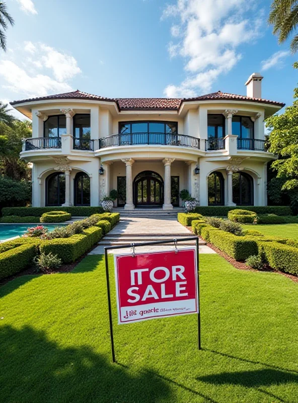 A luxury mansion with a for sale sign in front, emphasizing the high-end real estate market.
