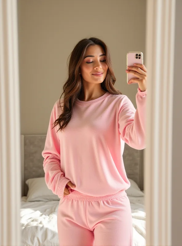 Woman wearing a cozy fleece lounge set, posing in a mirror selfie.