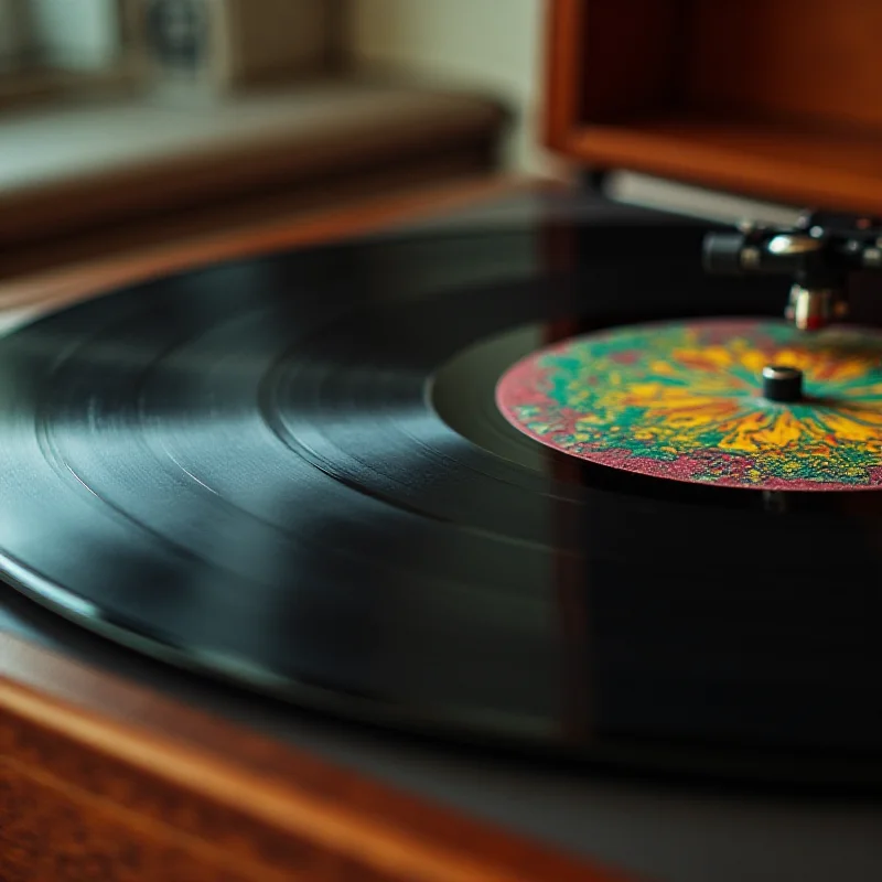A retro-themed image with a record player and colorful 70s aesthetic.