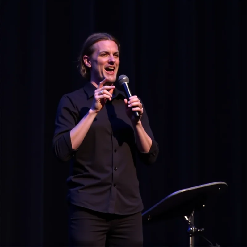 A comedic performer from Silné reči telling a joke on stage.