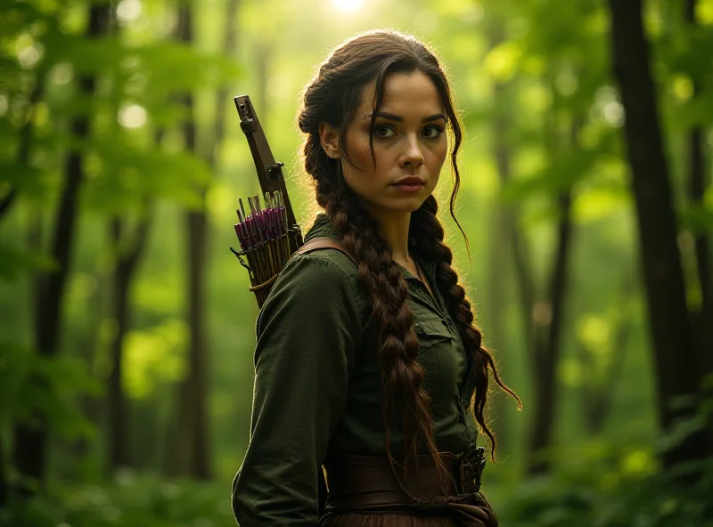 Katniss Everdeen with her bow and arrow, standing in a forest.