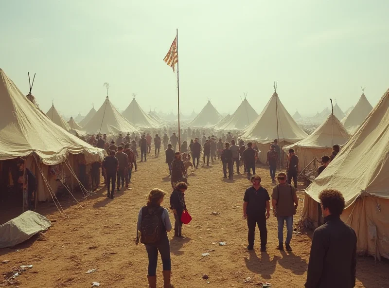 A chaotic scene at the original Fyre Festival, tents are messy and disorganized, with people looking confused and disoriented.