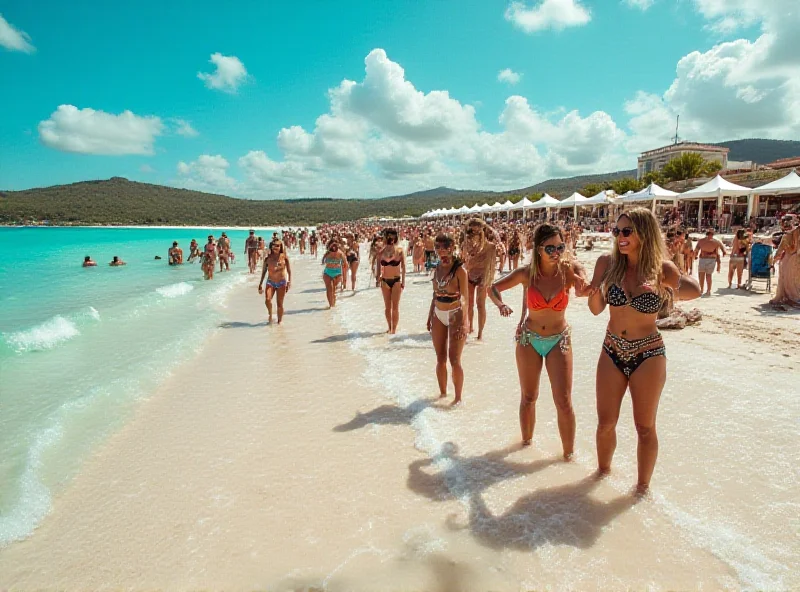 A vibrant and luxurious music festival scene, with a clear blue ocean in the background, upscale tents, and happy, well-dressed attendees enjoying live music.