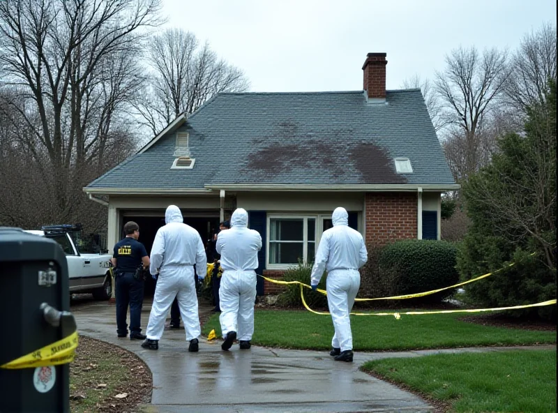 Scene depicting police investigating a house in a residential area, with forensic teams present. Focus on the somber atmosphere and the gravity of the situation.