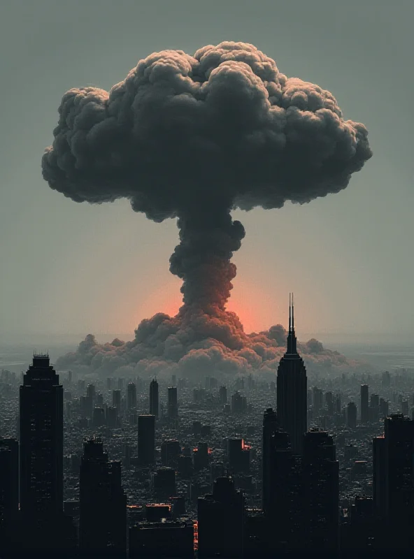 A stylized image of a mushroom cloud rising over a cityscape, rendered in dark, muted tones. The image should convey a sense of dread and impending doom.