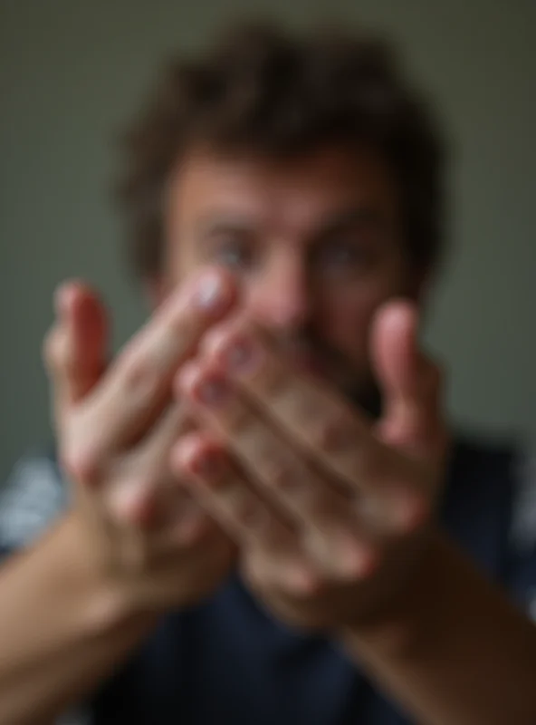 Close-up shot of a person showing signs of anxiety, such as fidgeting hands and a worried expression.