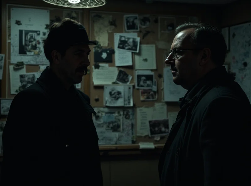 A detective looking at a photograph on a corkboard covered with evidence and leads in a dimly lit room.