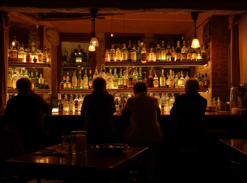 Um bar antigo com mesas de madeira e luz baixa, frequentado por moradores locais conversando.