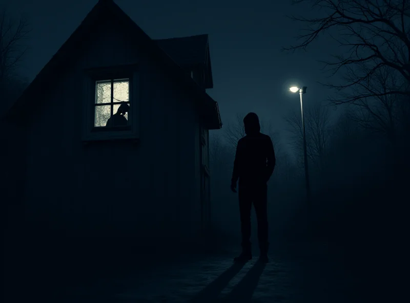 Illustration of a dark and shadowy house with a masked figure lurking inside, silhouetted against a window.