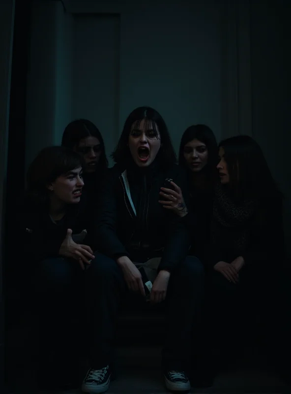 A group of college students sitting together in a dimly lit room, looking scared and huddled together.