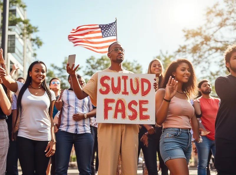 A group of people protesting with signs and banners, with an American flag waving in the background. The scene is a demonstration against immigration policies.