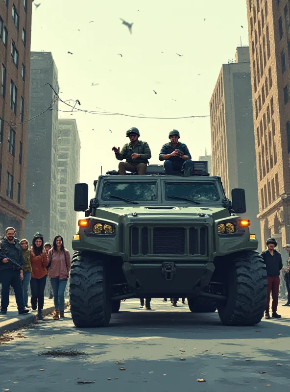 An illustration depicting a stylized armored vehicle driving down a city street, with families looking on with concern and fear. The scene represents the impact of ICE raids on communities.
