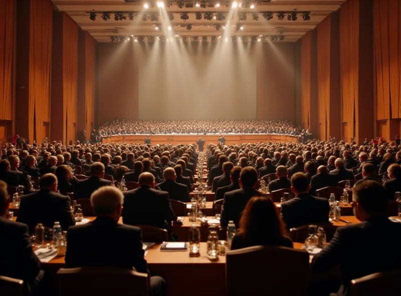 A group of people sitting at tables in a large conference hall, representing the Syrian national dialogue conference.