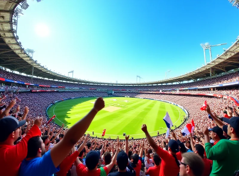 A cricket stadium with a packed crowd.