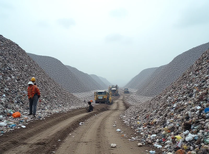 A vast landfill site in India, showing mountains of garbage stretching as far as the eye can see. Workers and machinery are visible, attempting to manage the waste.