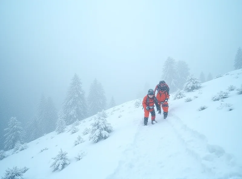A snowy mountain range with rescue workers searching