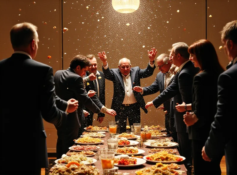 A chaotic scene of an investor summit with attendees throwing food at each other, dishes scattered on the floor.