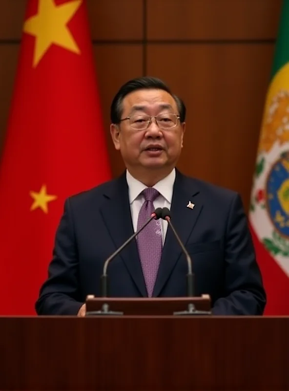 A photo of the Chinese Foreign Minister Wang Yi speaking at a press conference, with Chinese and Latin American flags subtly displayed in the background.