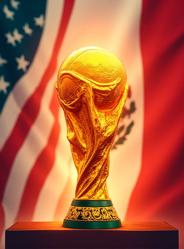 A digital illustration of the FIFA World Cup trophy with the flags of the United States, Canada and Mexico in the background
