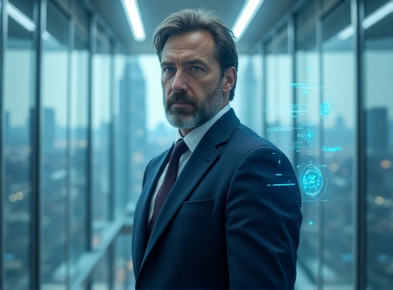 Mordecai Gal stands confidently in a modern office setting, with holographic AI interfaces swirling around him.