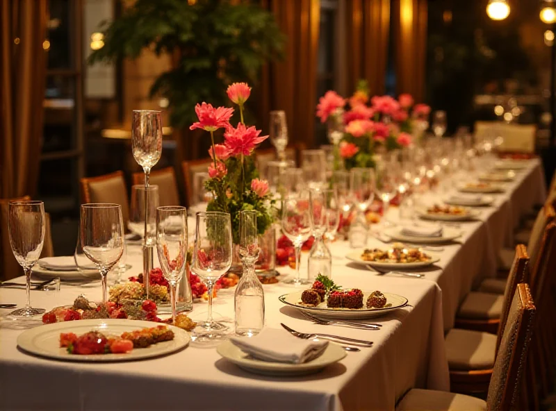 A beautifully decorated event table with innovative culinary creations and elegant floral arrangements.