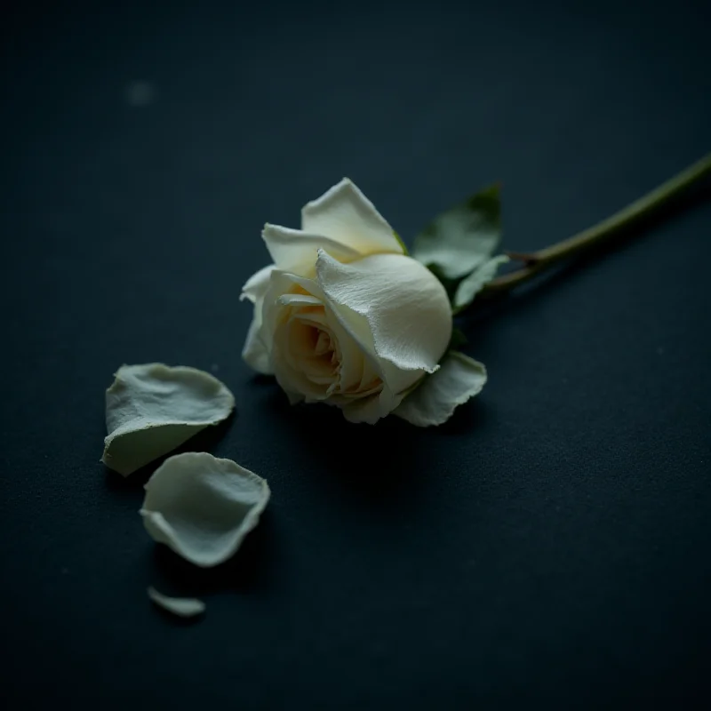 A somber image of a single white rose lying on a dark surface, symbolizing mourning and remembrance.