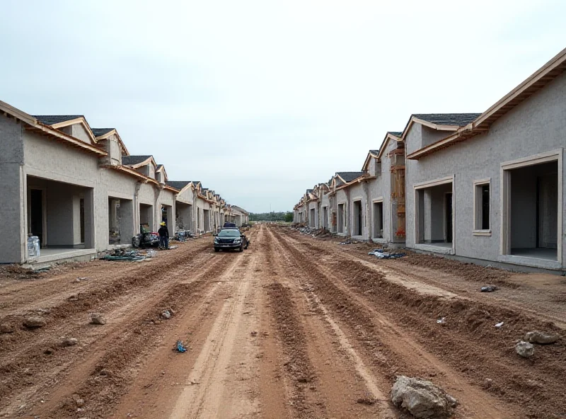A modern construction site with multiple houses being built, representing NVR, Inc. and the construction industry.