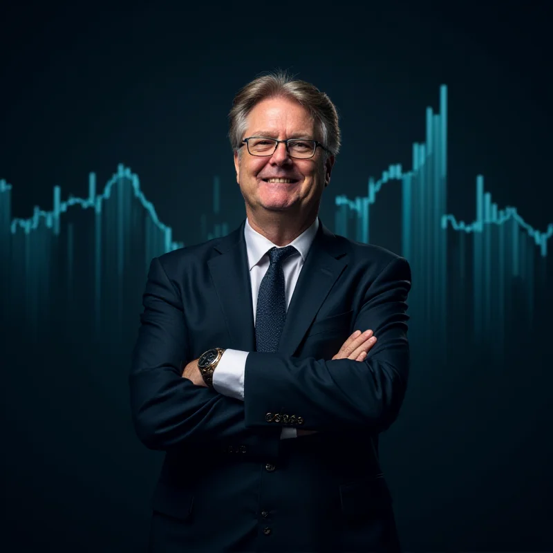 A close-up of a confident-looking business person, representing Bill Ackman, standing in front of a financial graph that is trending upwards.