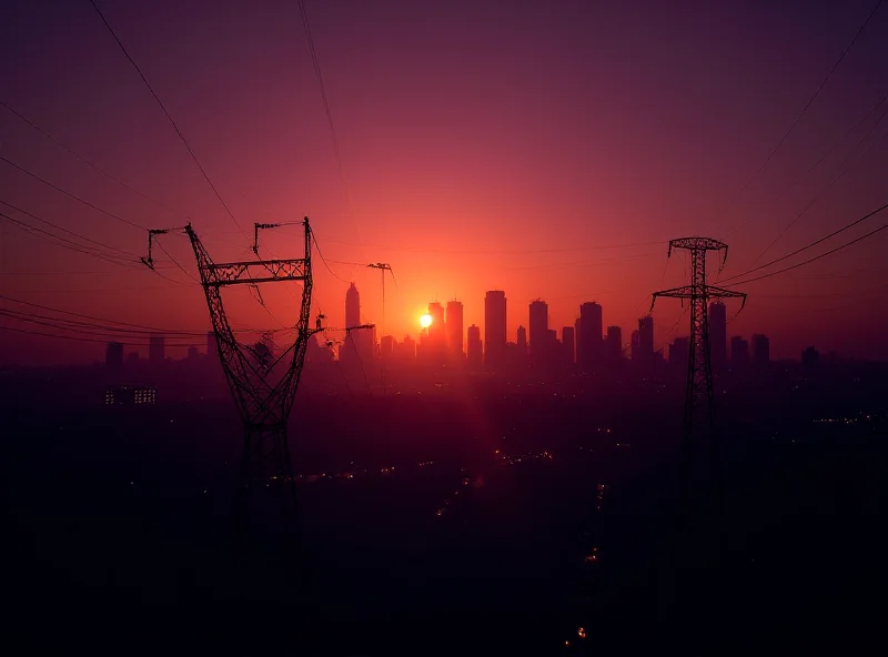 A cityscape at dusk, with power lines silhouetted against the orange sky.