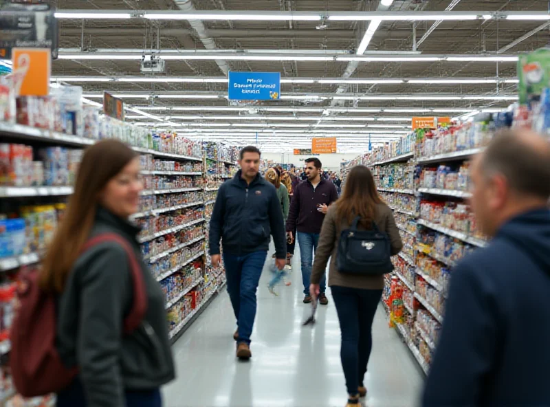 A busy interior of a Walmart store, with shoppers browsing various aisles.