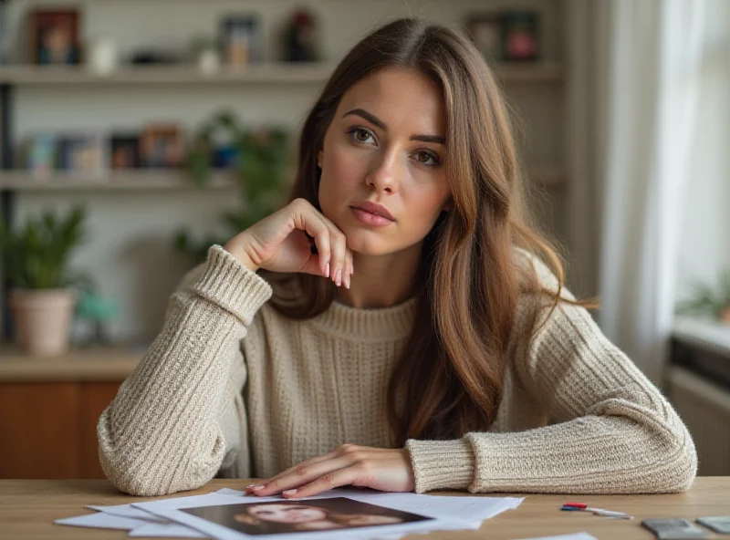 A woman looking thoughtfully at a childhood photo.