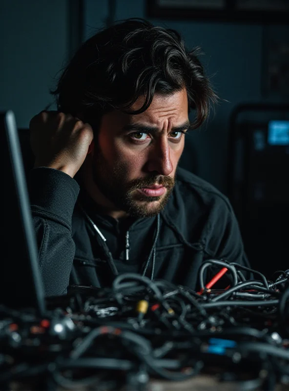A person struggling with a complicated computer setup, looking frustrated.
