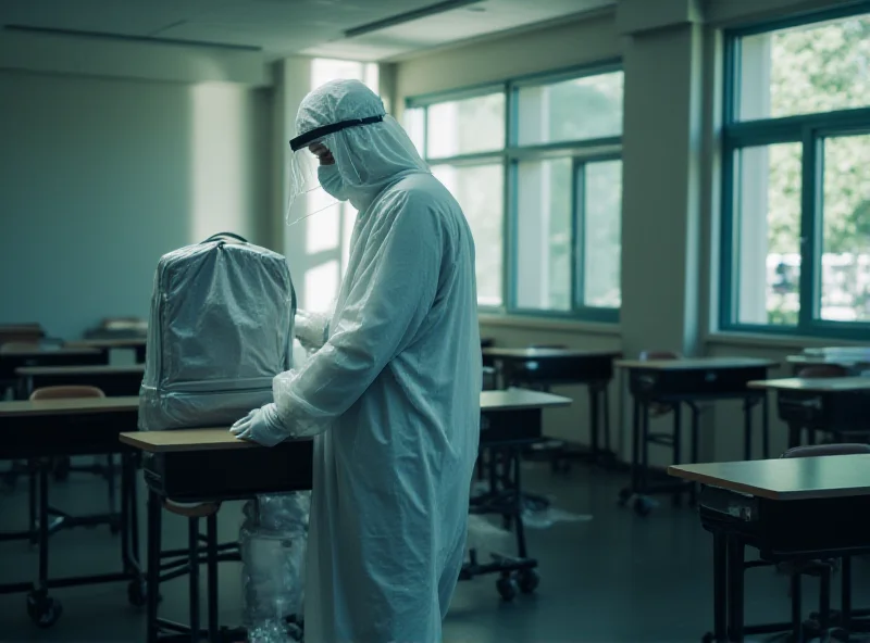 A forensic investigator examining a school classroom with desks and chairs, focusing on a backpack on a desk. The scene is somber and serious.