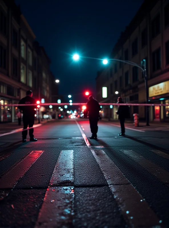 Police officers at a pedestrian crossing, investigating a hit-and-run accident scene at night. Police tape surrounds the area, and flashing lights illuminate the street.