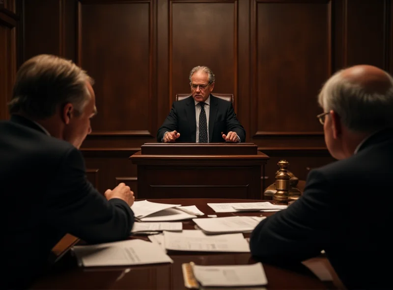 A courtroom scene with a judge at the bench and lawyers arguing a case. The atmosphere is tense and serious, with documents and evidence displayed.