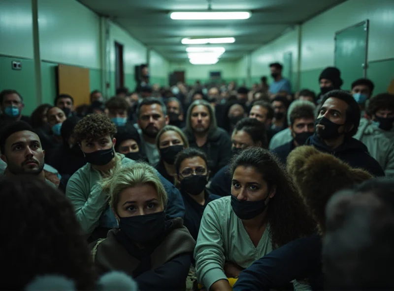 Crowded hospital waiting room in São Paulo, Brazil, during a viral outbreak. People are wearing masks and looking distressed.
