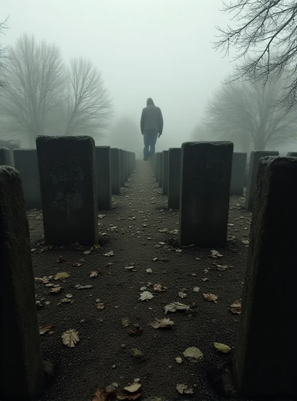 A somber scene depicting a Polish cemetery with headstones and a cloudy sky, symbolizing the exhumation of bodies.