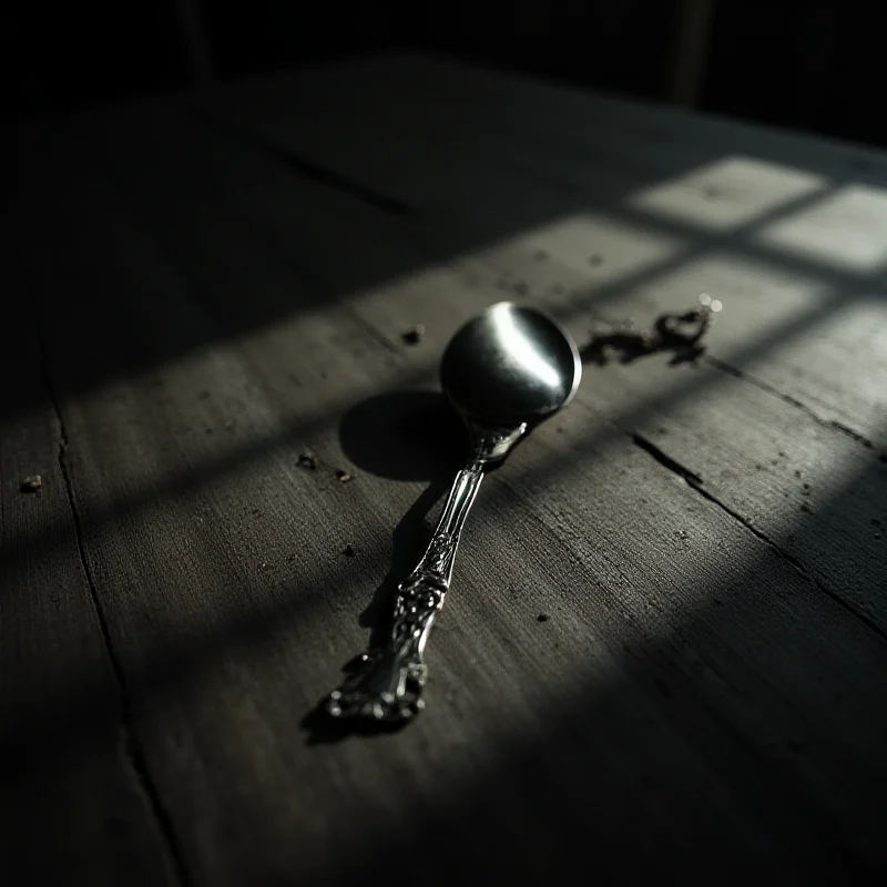 A close-up, stylized image of a metal spoon with a dark, ominous shadow cast upon a wooden table, representing the murder weapon.
