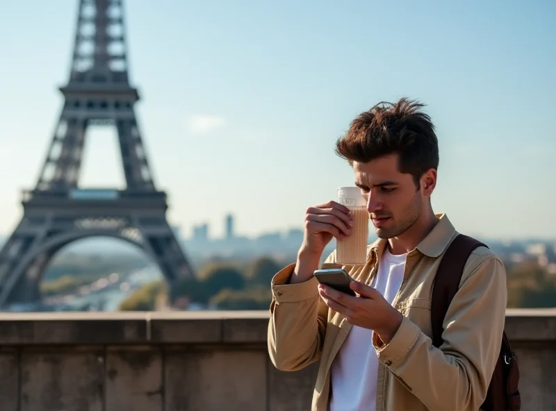 A person looking frustrated at their phone while standing in front of the Eiffel Tower, representing travel mishaps and the need for compensation.