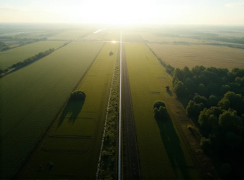 Aerial view of a large pipeline stretching across a rural landscape, with a focus on the pipeline and the surrounding environment.